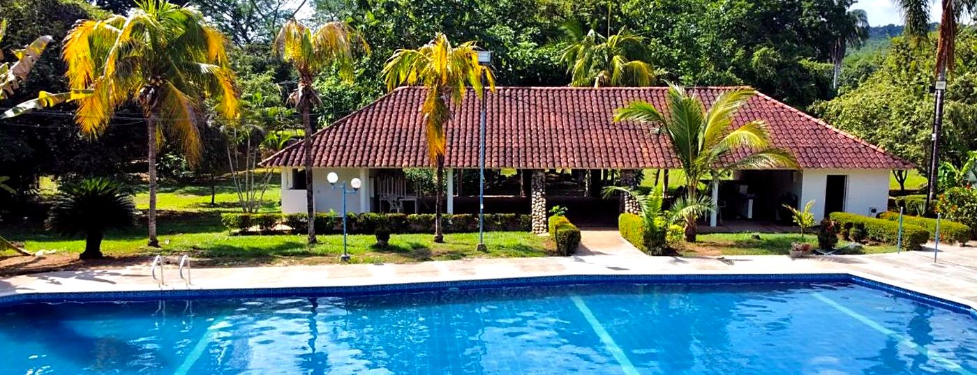 Swimming pool surrounded by palm trees and greenery in a residential complex in Melgar, Tolima